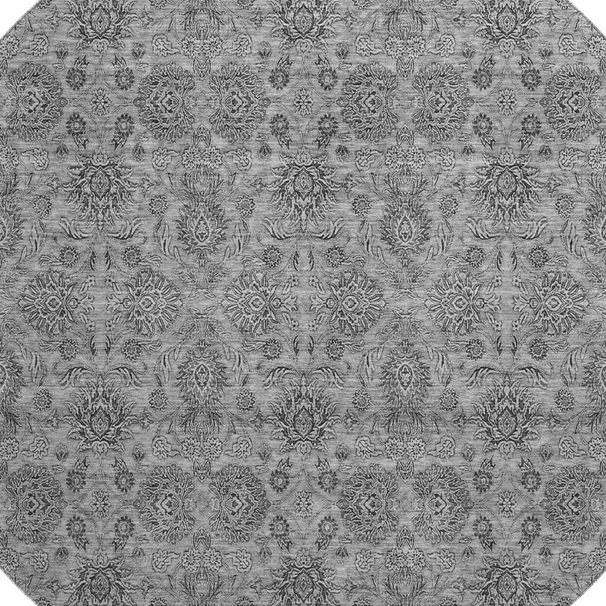 8' Gray And Silver Floral Washable Round Rug With UV Protection Photo 4