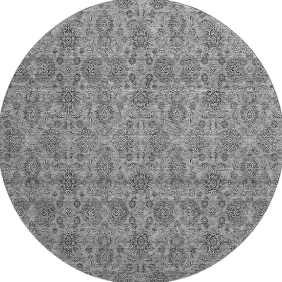 8' Gray And Silver Floral Washable Round Rug With UV Protection Photo 3