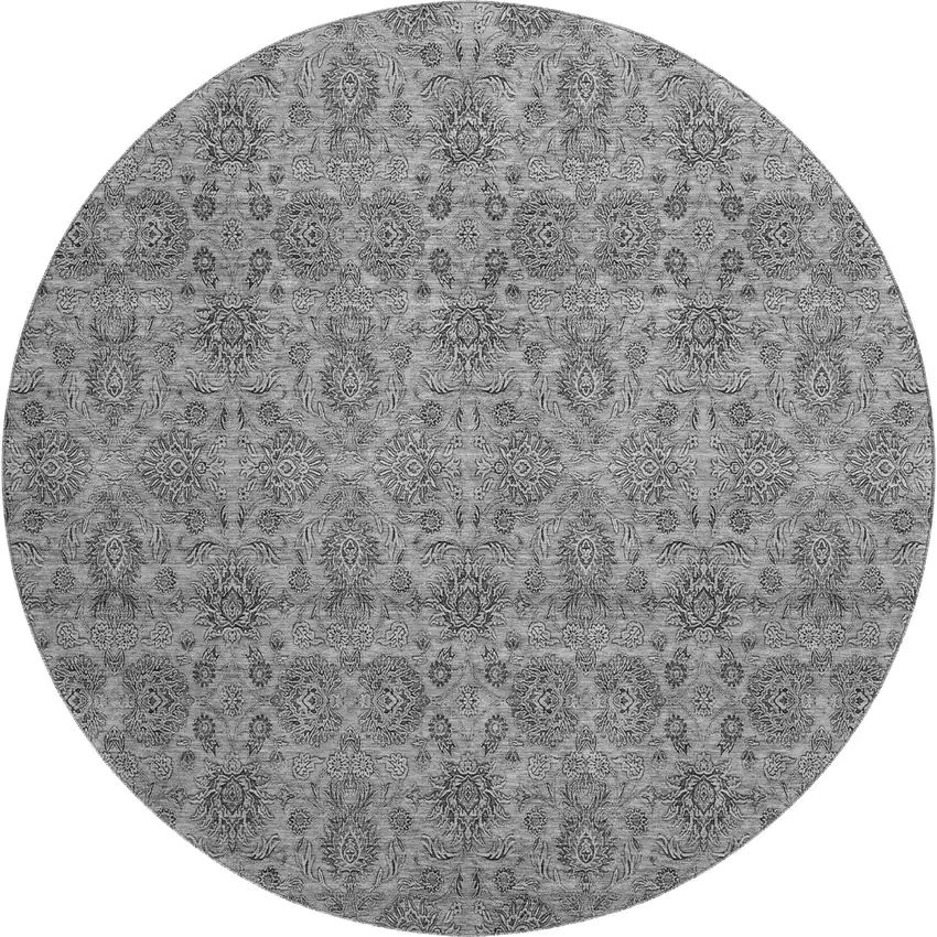 8' Gray And Silver Floral Washable Round Rug With UV Protection Photo 1