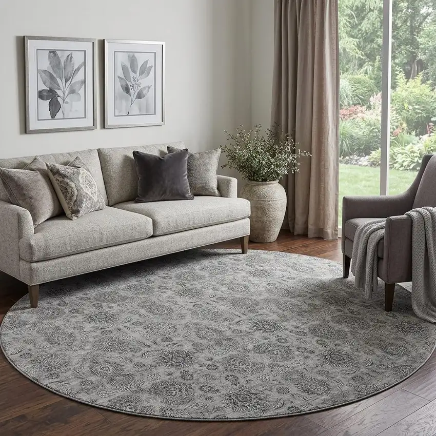 8' Gray And Silver Floral Washable Round Rug With UV Protection Photo 1