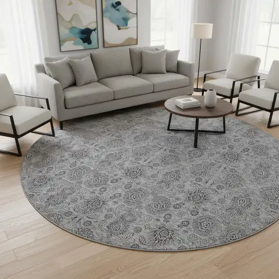 8' Gray And Silver Floral Washable Round Rug With UV Protection Photo 2