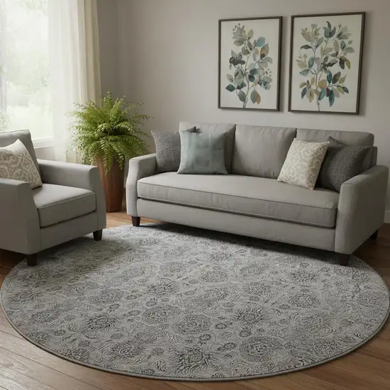 8' Gray And Silver Floral Washable Round Rug With UV Protection Photo 1