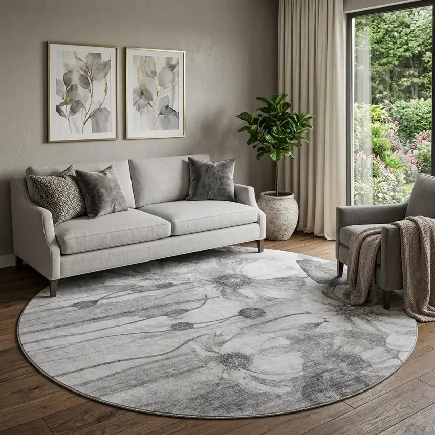 8' Gray And Silver Floral Washable Round Rug With UV Protection Photo 1