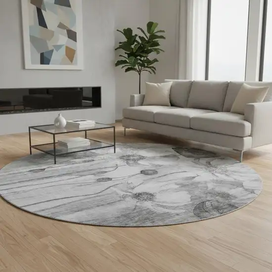 8' Gray And Silver Floral Washable Round Rug With UV Protection Photo 3