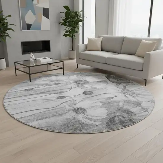8' Gray And Silver Floral Washable Round Rug With UV Protection Photo 2