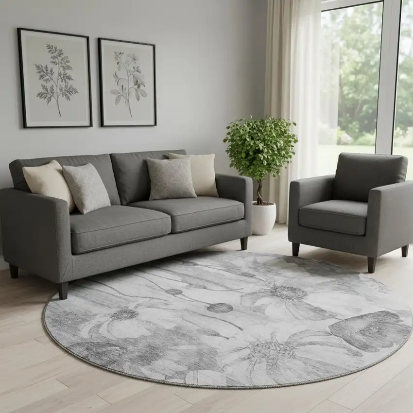 8' Gray And Silver Floral Washable Round Rug With UV Protection Photo 1