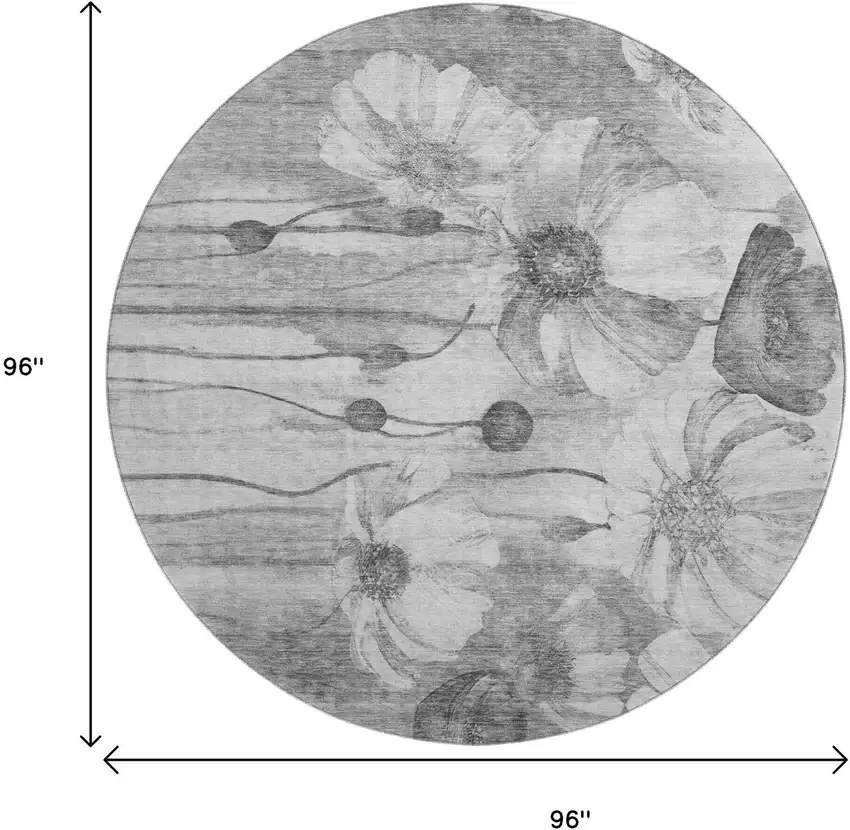 8' Gray And Silver Floral Washable Round Rug With UV Protection Photo 7
