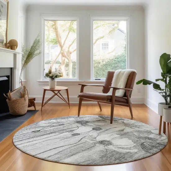 8' Gray And Silver Floral Washable Round Rug With UV Protection Photo 6