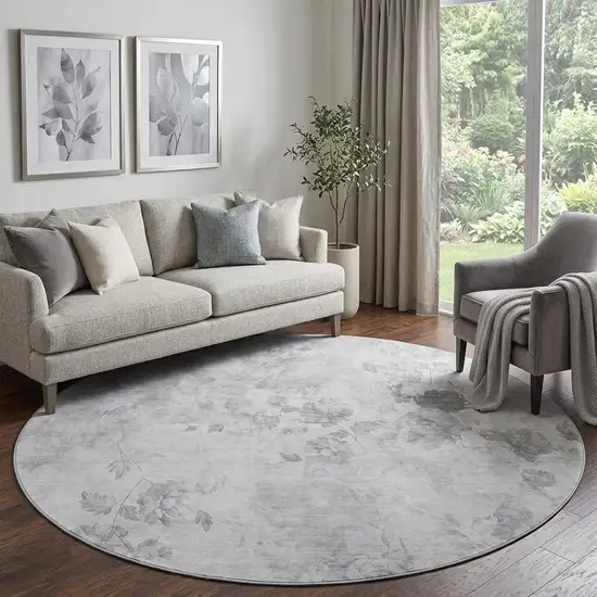8' Gray And Silver Floral Washable Round Rug With UV Protection Photo 1
