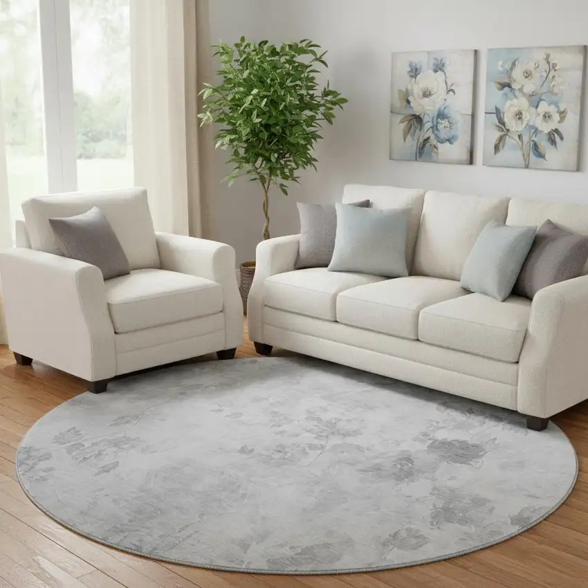 8' Gray And Silver Floral Washable Round Rug With UV Protection Photo 1