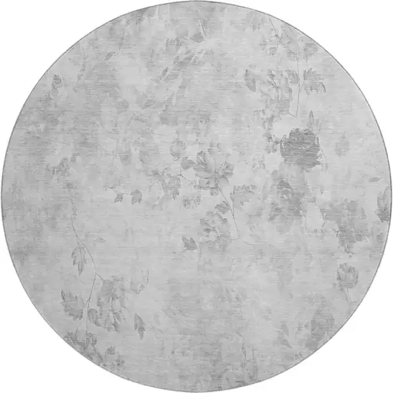 8' Gray And Silver Floral Washable Round Rug With UV Protection Photo 1