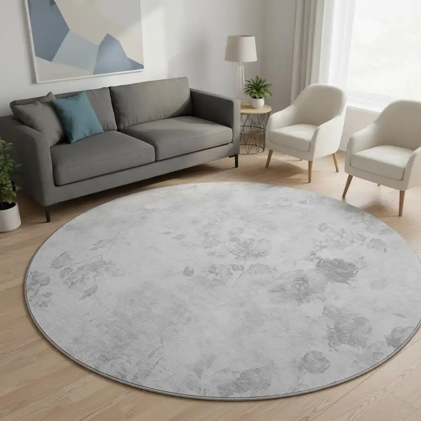 8' Gray And Silver Floral Washable Round Rug With UV Protection Photo 2