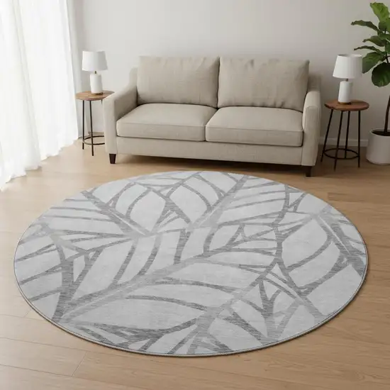 8' Gray And Silver Floral Washable Round Rug With UV Protection Photo 2