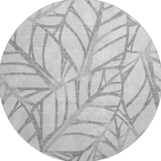 8' Gray And Silver Floral Washable Round Rug With UV Protection Photo 4