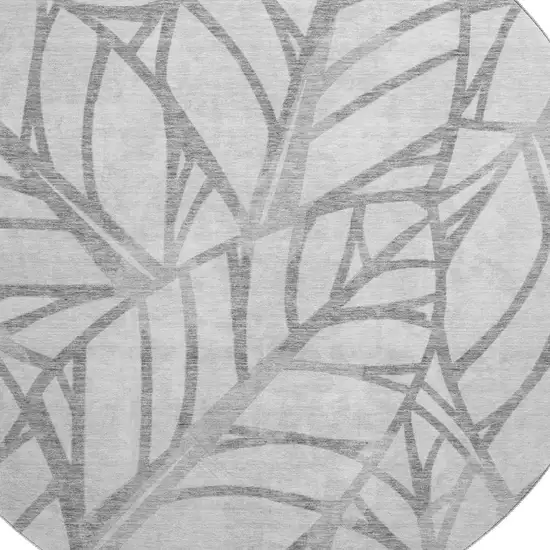 8' Gray And Silver Floral Washable Round Rug With UV Protection Photo 3