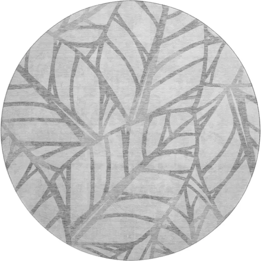 8' Gray And Silver Floral Washable Round Rug With UV Protection Photo 1
