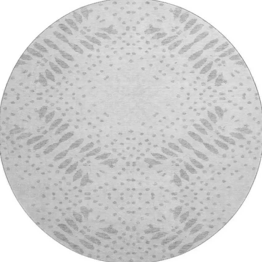 8' Gray And Silver Floral Washable Round Rug With UV Protection Photo 3