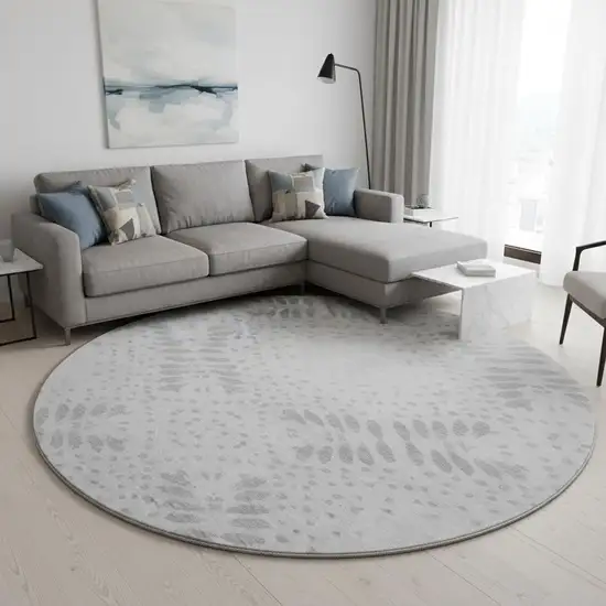 8' Gray And Silver Floral Washable Round Rug With UV Protection Photo 2
