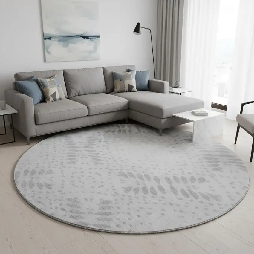 8' Gray And Silver Floral Washable Round Rug With UV Protection Photo 2