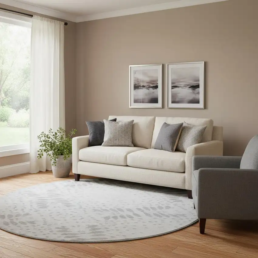 8' Gray And Silver Floral Washable Round Rug With UV Protection Photo 1