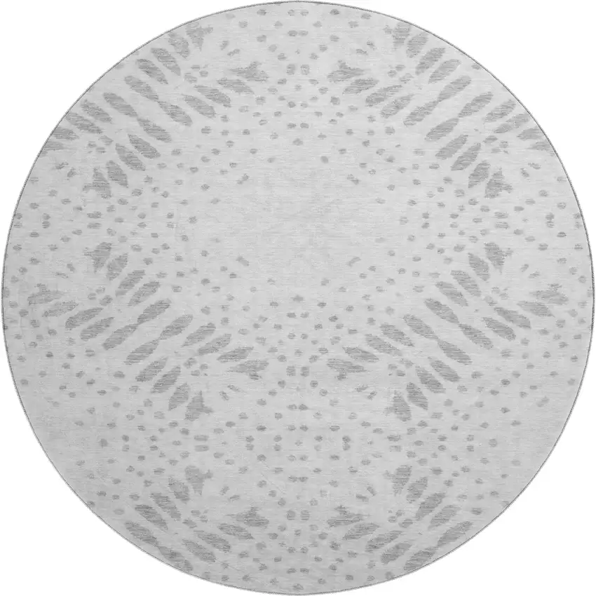 8' Gray And Silver Floral Washable Round Rug With UV Protection Photo 1