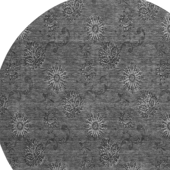 8' Gray And Silver Floral Washable Round Rug With UV Protection Photo 3