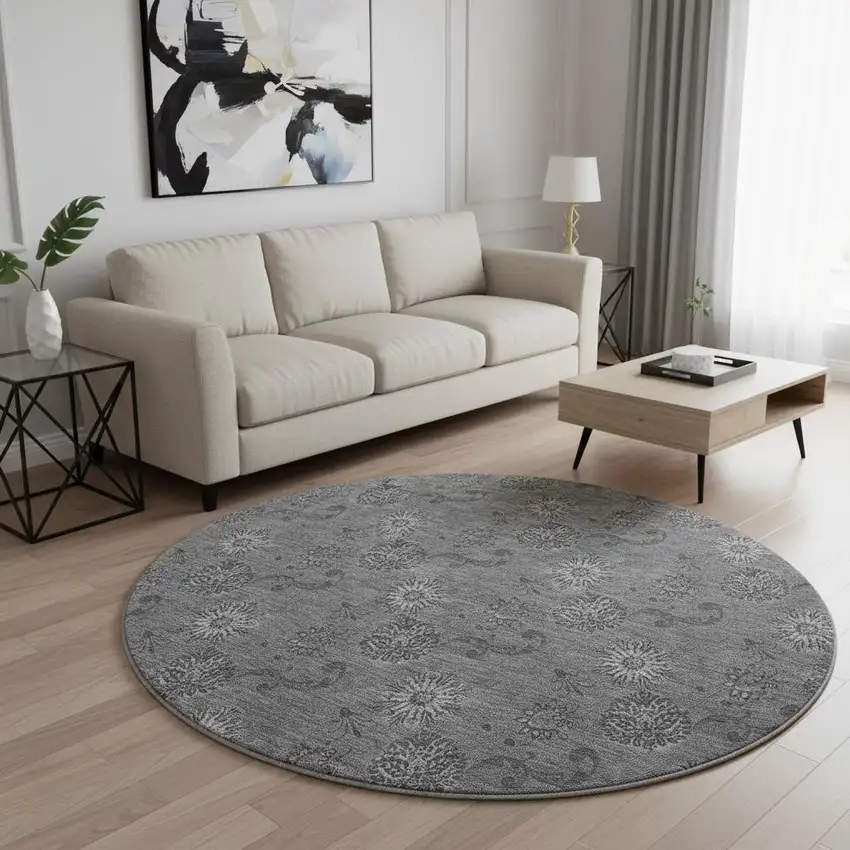 8' Gray And Silver Floral Washable Round Rug With UV Protection Photo 2