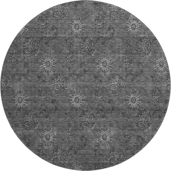 8' Gray And Silver Floral Washable Round Rug With UV Protection Photo 1