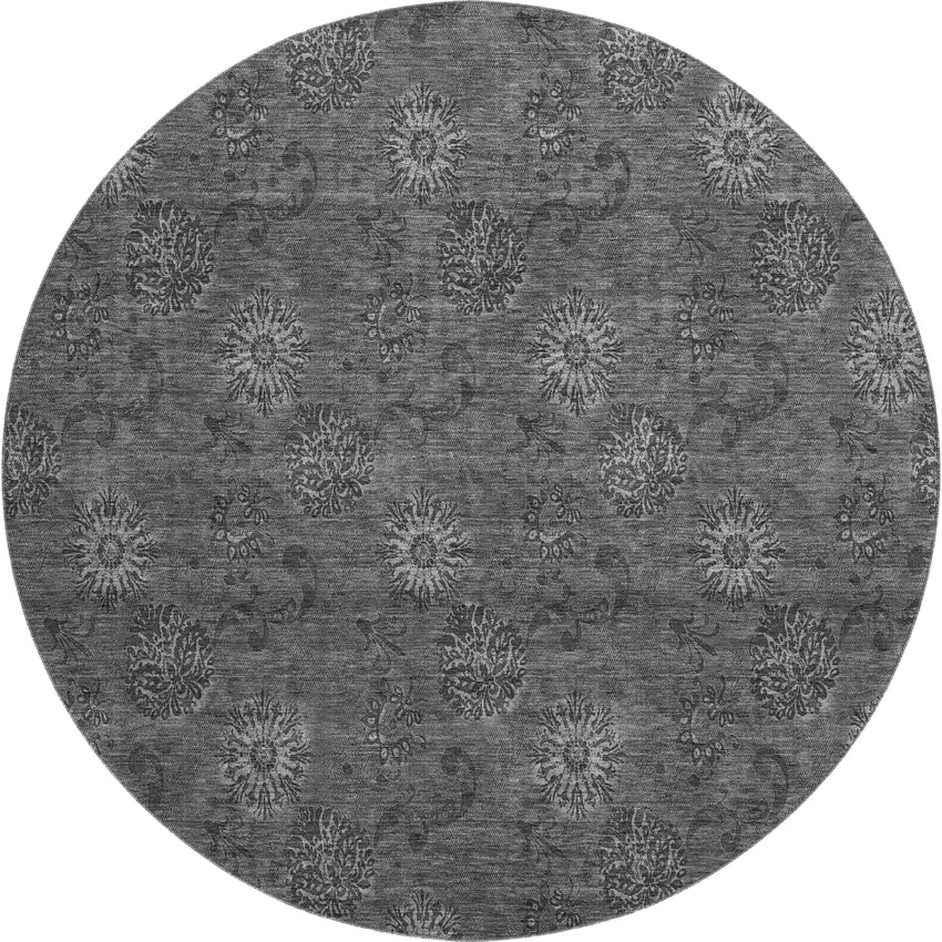 8' Gray And Silver Floral Washable Round Rug With UV Protection Photo 1