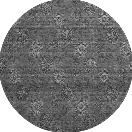8' Gray And Silver Floral Washable Round Rug With UV Protection Photo 4