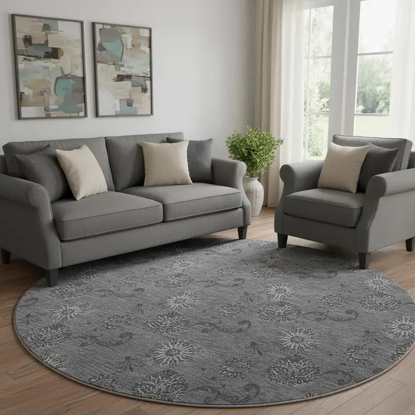 8' Gray And Silver Floral Washable Round Rug With UV Protection Photo 1