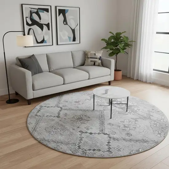 8' Gray And Silver Floral Washable Round Rug With UV Protection Photo 2