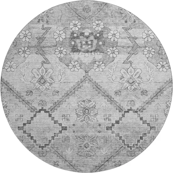 8' Gray And Silver Floral Washable Round Rug With UV Protection Photo 1