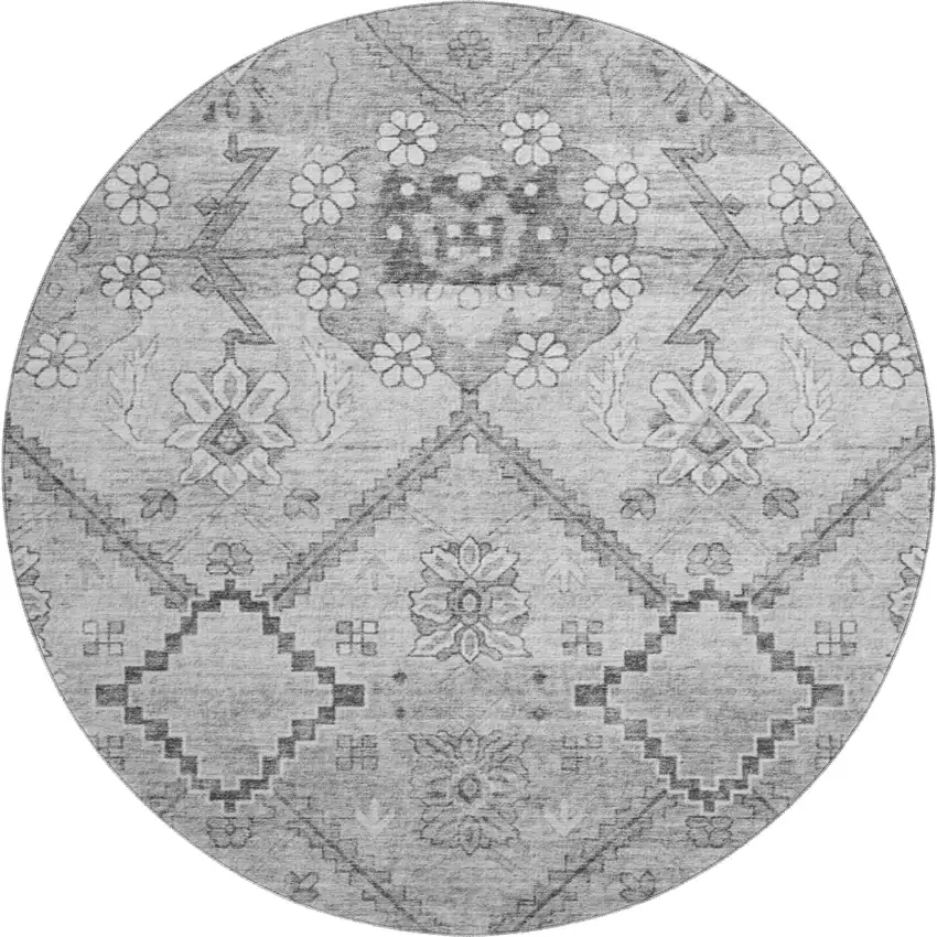 8' Gray And Silver Floral Washable Round Rug With UV Protection Photo 1