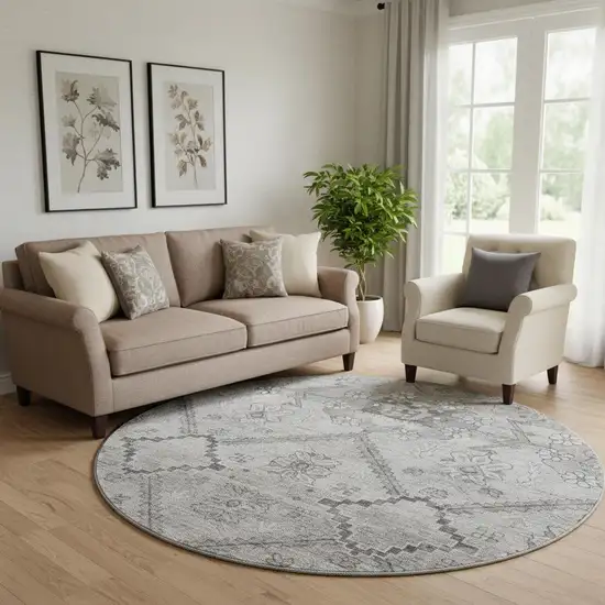 8' Gray And Silver Floral Washable Round Rug With UV Protection Photo 1