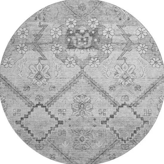 8' Gray And Silver Floral Washable Round Rug With UV Protection Photo 4