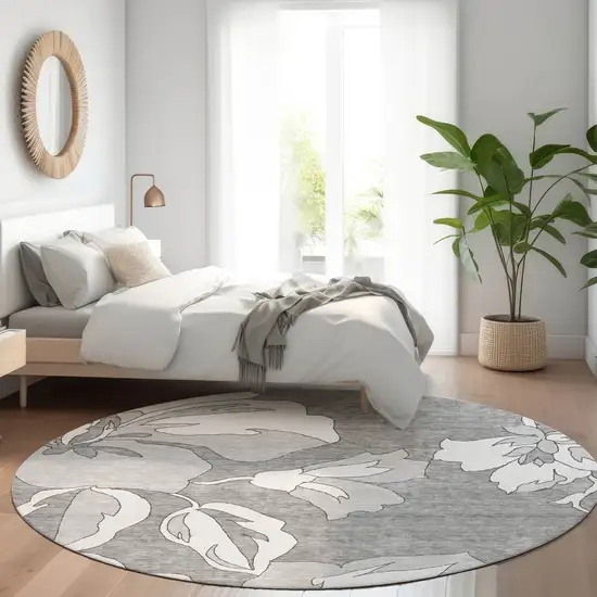 8' Gray And Silver Floral Washable Round Rug With UV Protection Photo 4