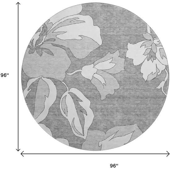 8' Gray And Silver Floral Washable Round Rug With UV Protection Photo 9
