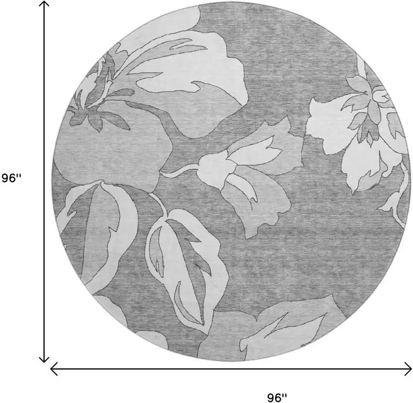 8' Gray And Silver Floral Washable Round Rug With UV Protection Photo 9