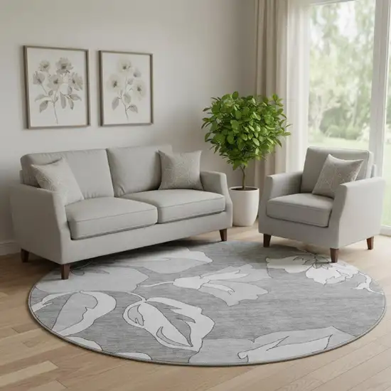 8' Gray And Silver Floral Washable Round Rug With UV Protection Photo 1