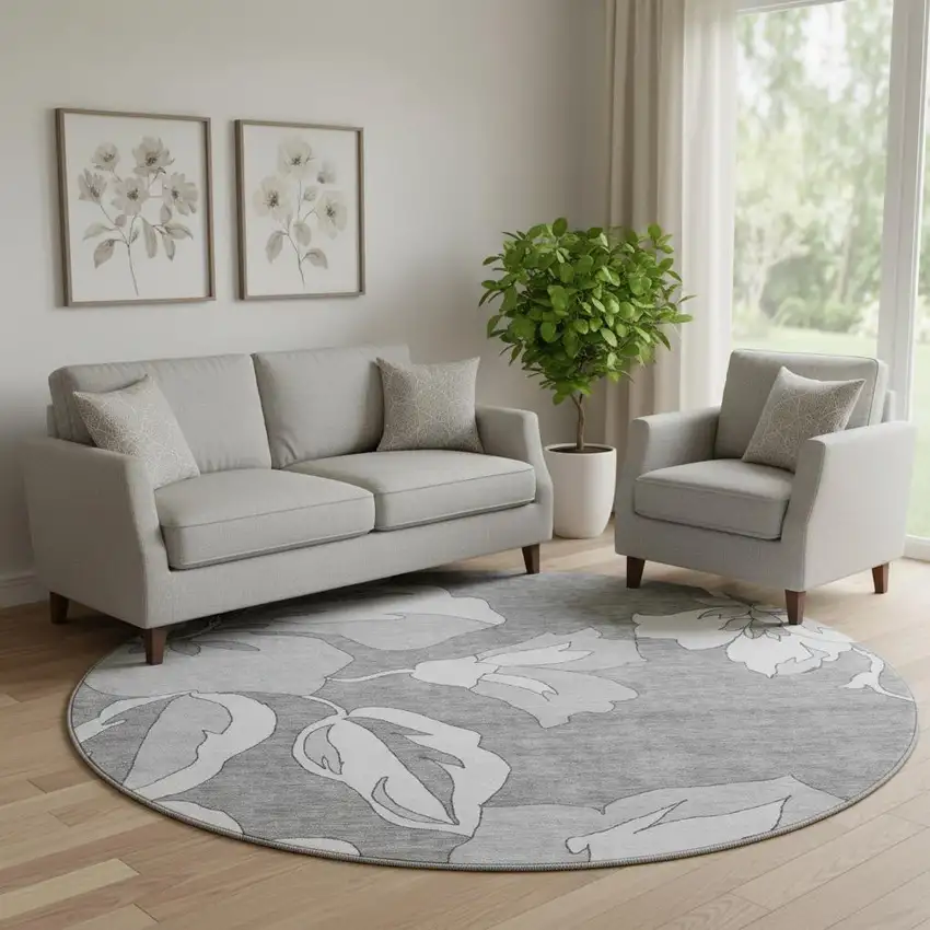 8' Gray And Silver Floral Washable Round Rug With UV Protection Photo 1