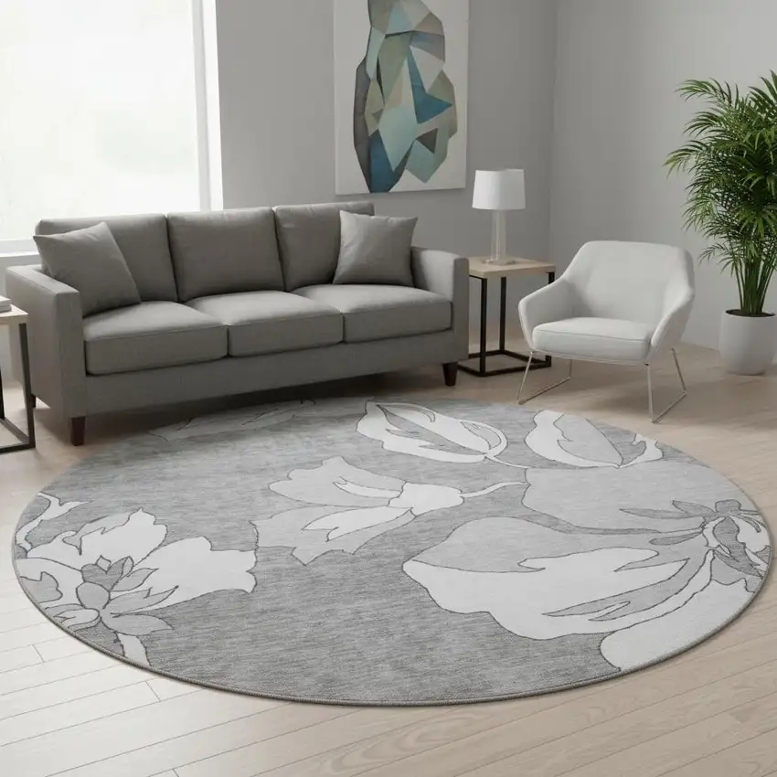 8' Gray And Silver Floral Washable Round Rug With UV Protection Photo 2