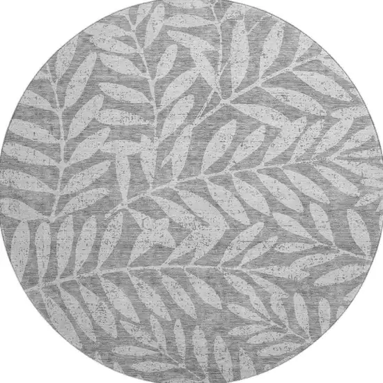 8' Gray And Silver Floral Washable Round Rug With UV Protection Photo 4