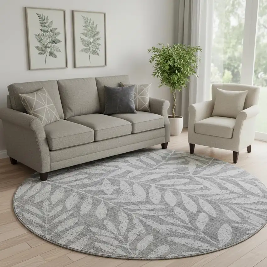 8' Gray And Silver Floral Washable Round Rug With UV Protection Photo 1