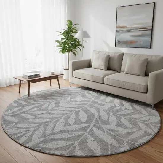 8' Gray And Silver Floral Washable Round Rug With UV Protection Photo 2