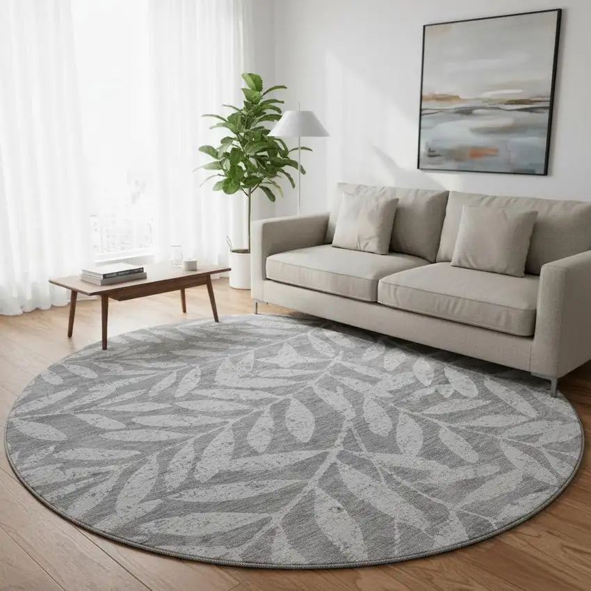 8' Gray And Silver Floral Washable Round Rug With UV Protection Photo 2