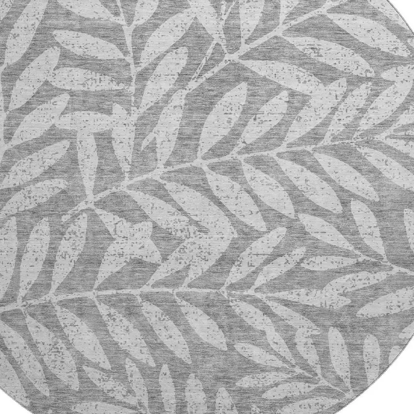 8' Gray And Silver Floral Washable Round Rug With UV Protection Photo 3
