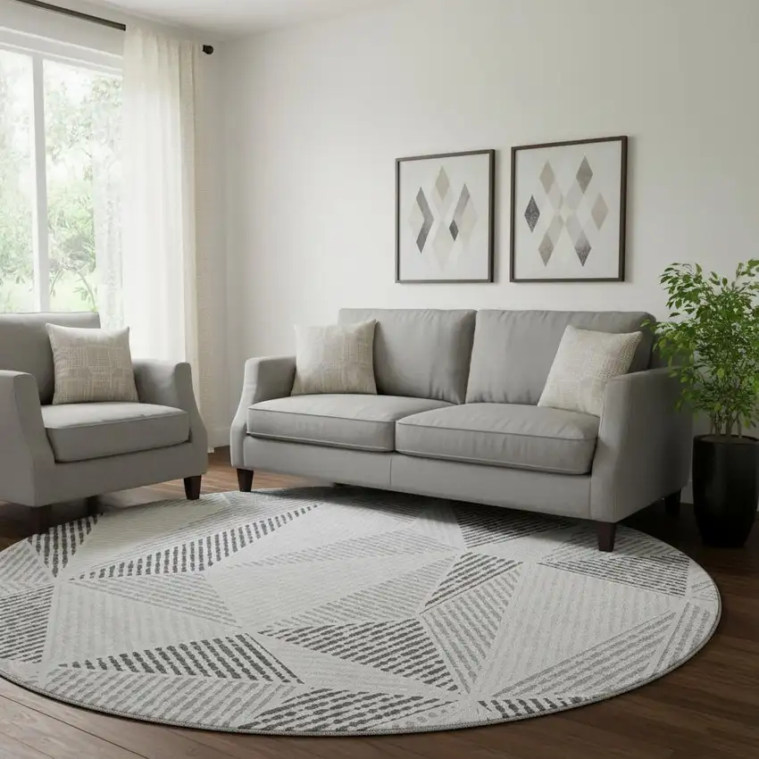 8' Gray And Silver Geometric Washable Round Rug With UV Protection Photo 1