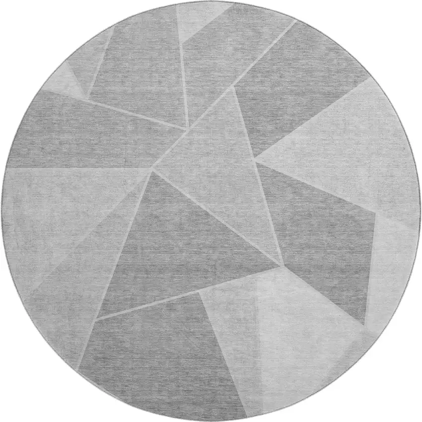 8' Gray And Silver Geometric Washable Round Rug With UV Protection Photo 1