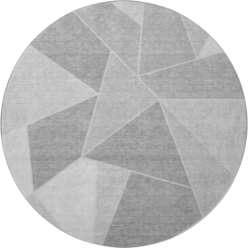 8' Gray And Silver Geometric Washable Round Rug With UV Protection Photo 2